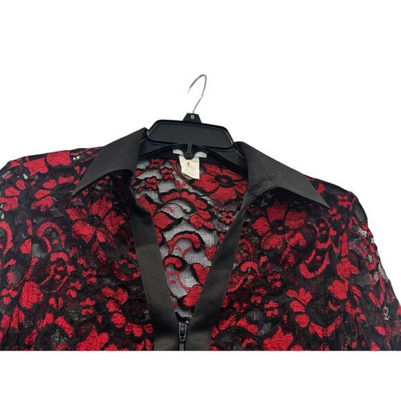 Vintage Cache Red Black Lace Zip Up Blouse Floral Vampire Goth Dark Romantic : S - Picture 7 of 14